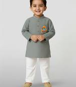 grey cotton printed kurta set with white pyjama - diwali special