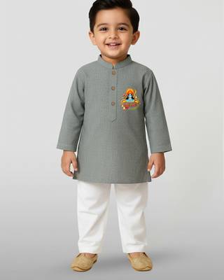grey cotton printed kurta set with white pyjama - diwali special 3