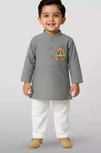 grey cotton printed kurta set with white pyjama - diwali special