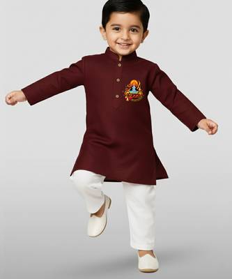maroon cotton printed kurta set with white pyjama - diwali special 1