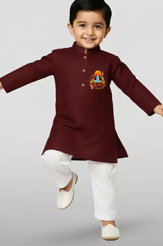 maroon cotton printed kurta set with white pyjama - diwali special