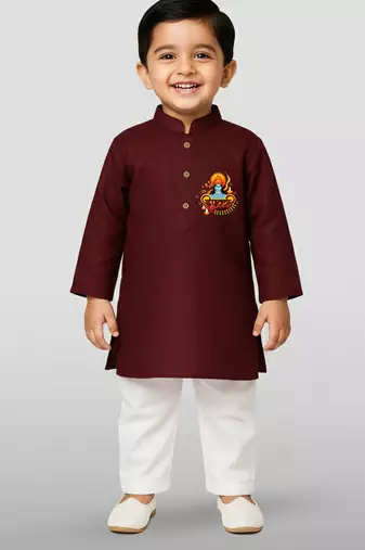 maroon cotton printed kurta set with white pyjama - diwali special