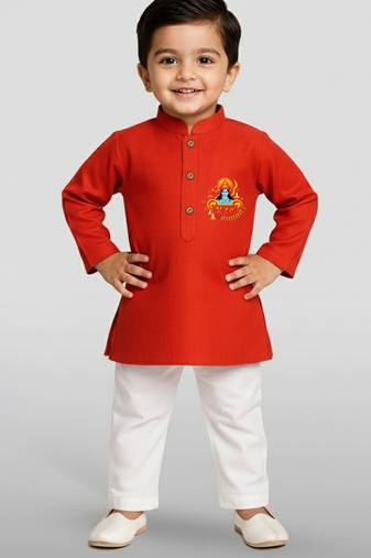 red cotton printed kurta set with white pyjama - diwali special