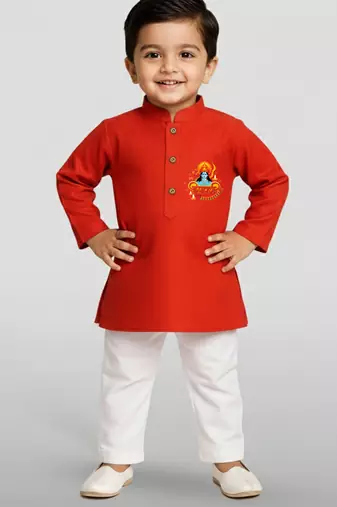 red cotton printed kurta set with white pyjama - diwali special