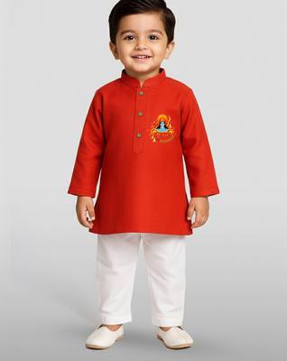 red cotton printed kurta set with white pyjama - diwali special 3