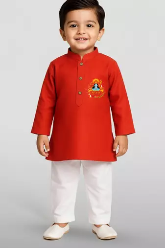 red cotton printed kurta set with white pyjama - diwali special