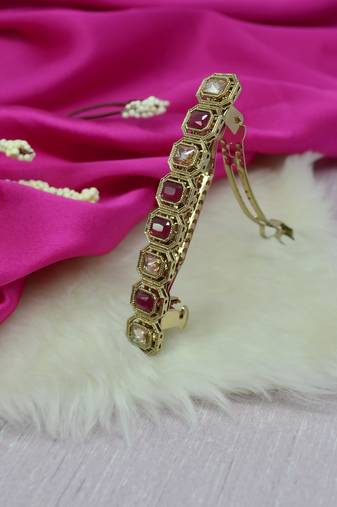 Round & square shape antique gold plated ruby and uncut kundan stone 1 hair clip for women and girls