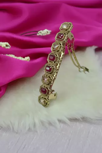 Round & square shape antique gold plated ruby and uncut kundan stone 1 hair clip for women and girls