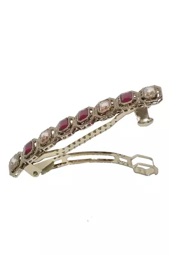 Round & square shape antique gold plated ruby and uncut kundan stone 1 hair clip for women and girls