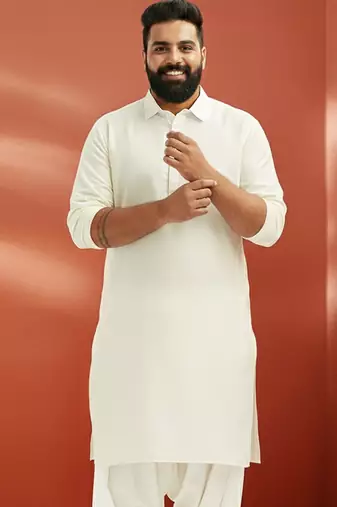 men's white pathani kurta - viscose casual traditional wear
