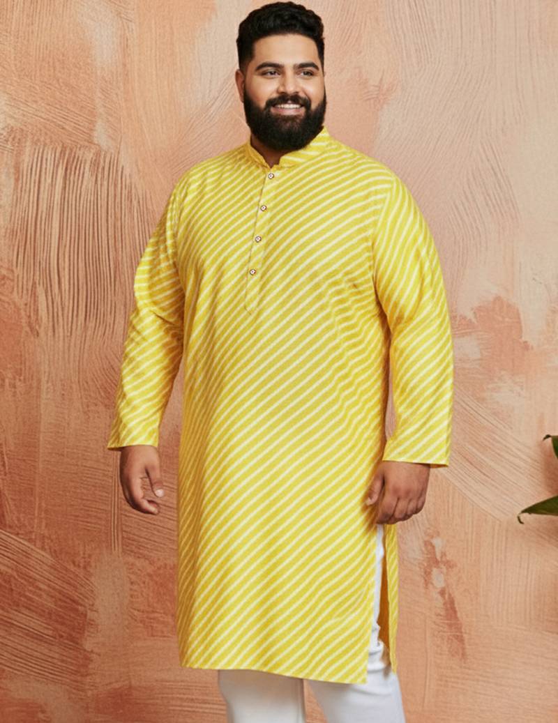 men's yellow lahariya kurta - cotton summer traditional wear