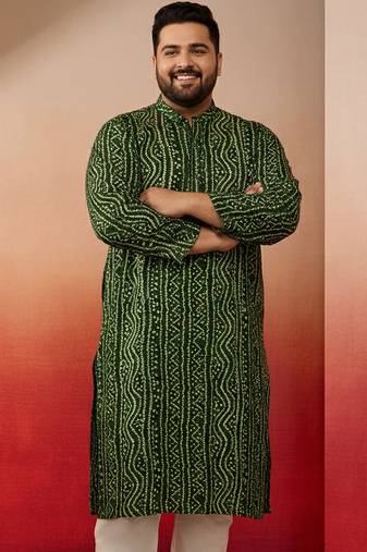 men's green bandhani kurta - foil print traditional festive