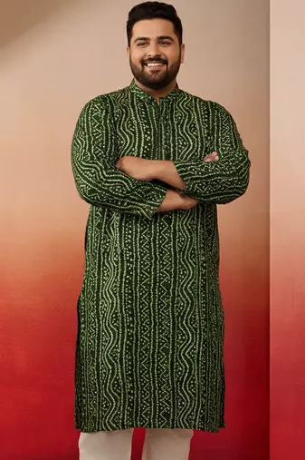 men's green bandhani kurta - foil print traditional festive