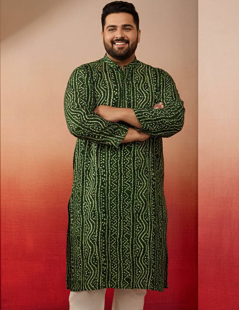 men's green bandhani kurta - foil print traditional festive