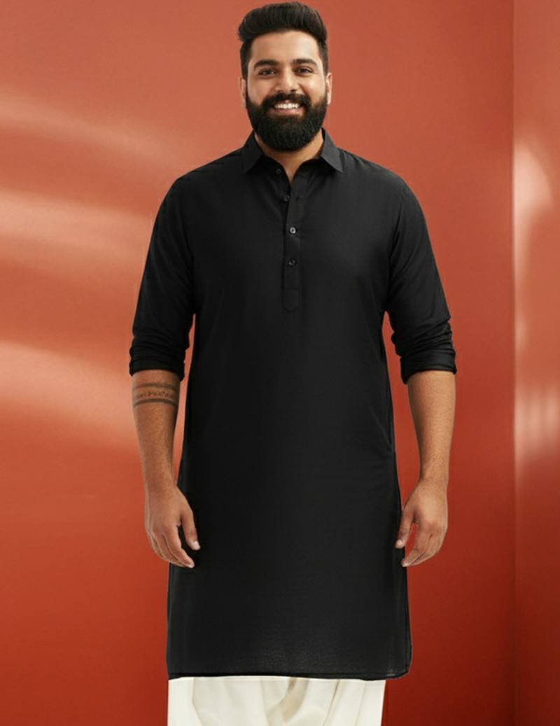 men's black pathani kurta - viscose casual traditional wear