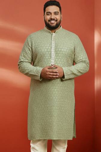 men's pista green sequin kurta - festive embroidered traditional