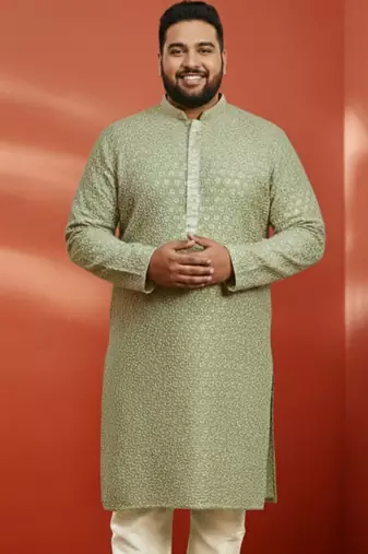 men's pista green sequin kurta - festive embroidered traditional