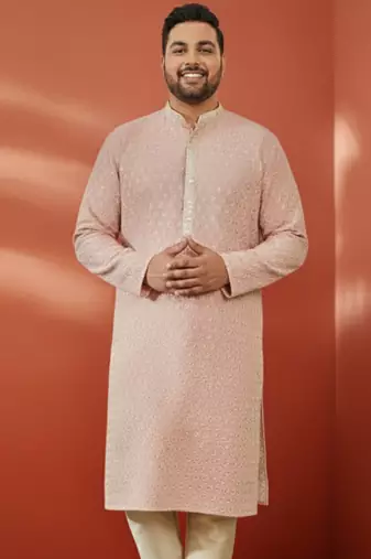 men's peach sequin kurta - festive embroidered traditional
