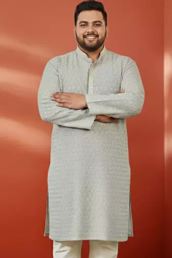 men's grey sequin kurta - festive embroidered traditional wear