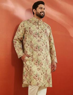beige silk kurta - floral print wedding traditional wear 1