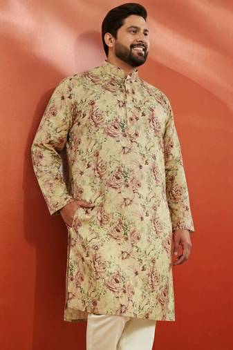 men's beige silk kurta - floral print wedding traditional wear