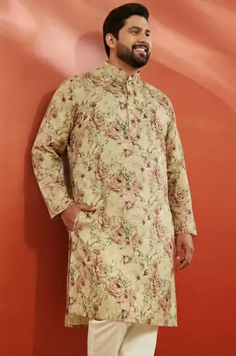 men's beige silk kurta - floral print wedding traditional wear