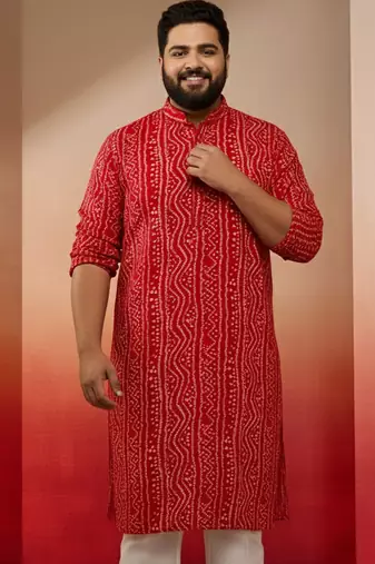 men's red bandhani kurta - foil print traditional festive wear