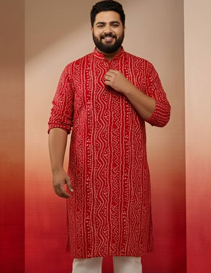 men's red bandhani kurta - foil print traditional festive wear