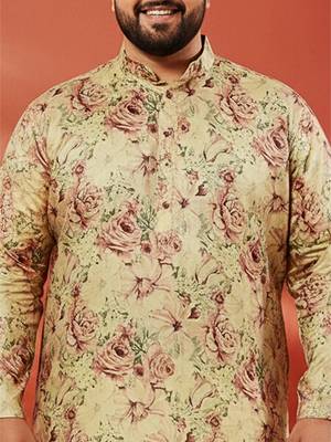 beige silk kurta - floral print wedding traditional wear 2