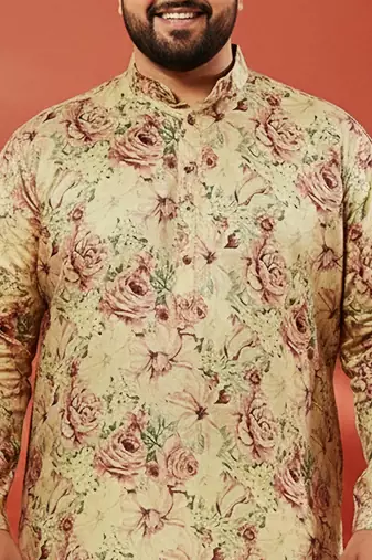 beige silk kurta - floral print wedding traditional wear