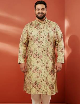beige silk kurta - floral print wedding traditional wear 3