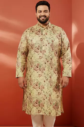 beige silk kurta - floral print wedding traditional wear