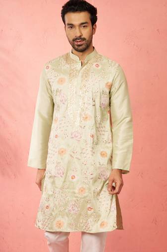 men's light green silk blend kurta - traditional embroidered festive wear