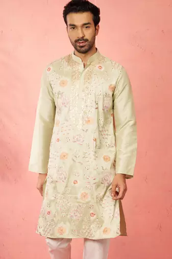 men's light green silk blend kurta - traditional embroidered festive wear