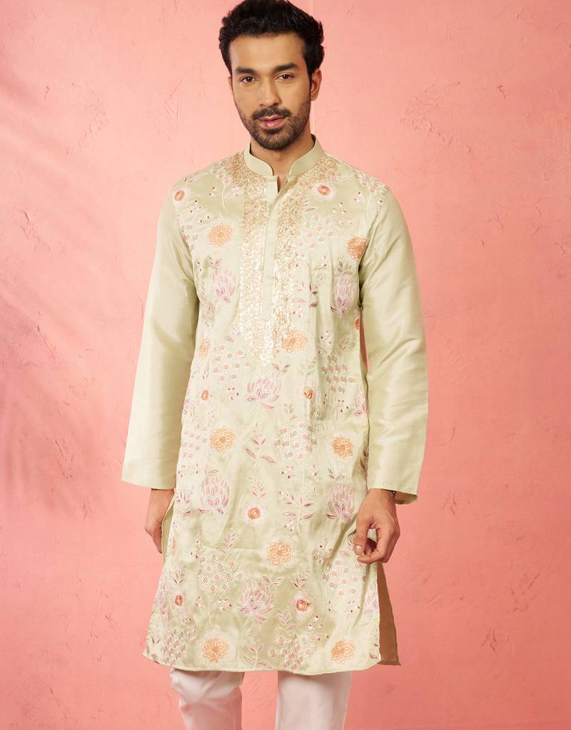 men's light green silk blend kurta - traditional embroidered festive wear