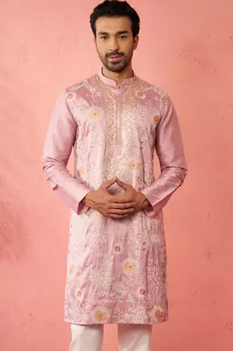 men's onion silk blend kurta - traditional embroidered festive wear