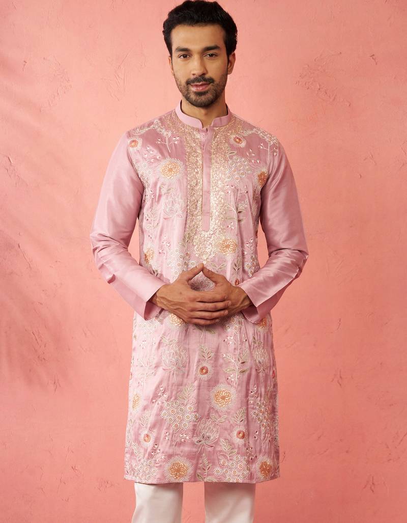 men's onion silk blend kurta - traditional embroidered festive wear