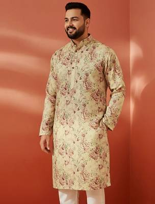 beige silk kurta - floral print wedding traditional wear 4