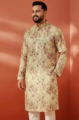 beige silk kurta - floral print wedding traditional wear
