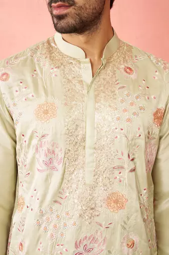 light green silk blend kurta - traditional embroidered festive wear