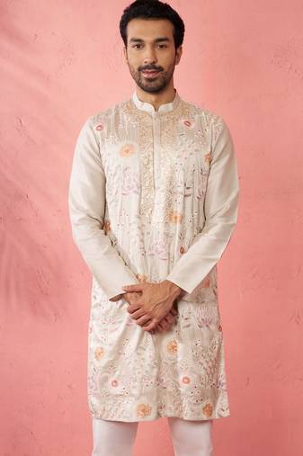 men's Cream silk blend kurta - traditional embroidered festive wear