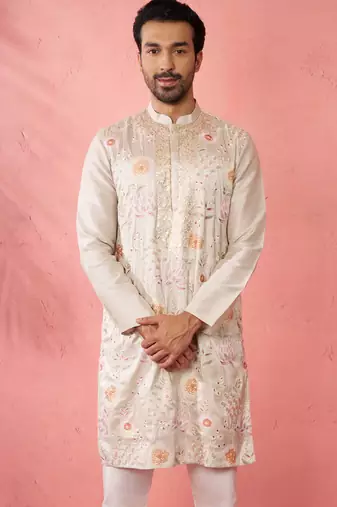 men's Cream silk blend kurta - traditional embroidered festive wear