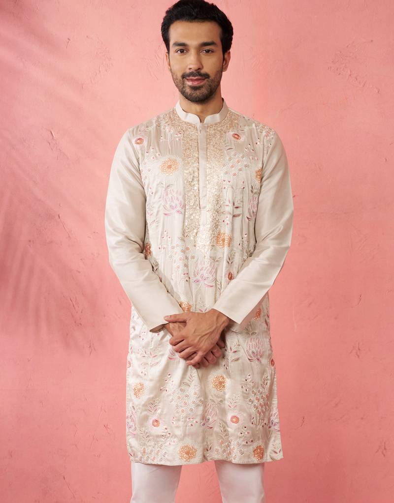 men's Cream silk blend kurta - traditional embroidered festive wear