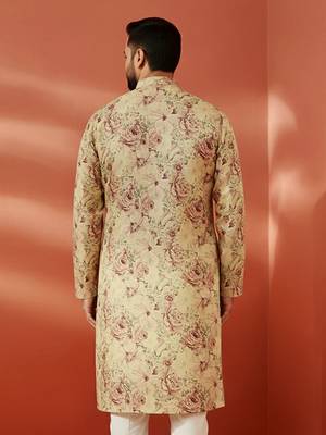 beige silk kurta - floral print wedding traditional wear 5