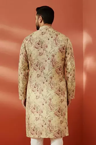 beige silk kurta - floral print wedding traditional wear