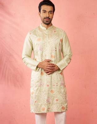 light green silk blend kurta - traditional embroidered festive wear 3