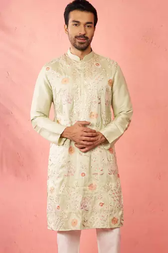 light green silk blend kurta - traditional embroidered festive wear