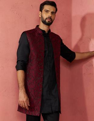 men's wine silky abstract embroidered nehru jacket - wedding ethnic wear 1