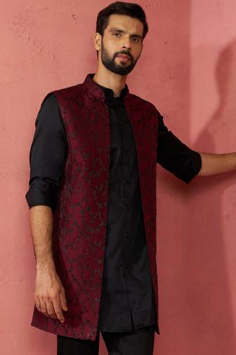 men's wine silky abstract embroidered nehru jacket - wedding ethnic wear
