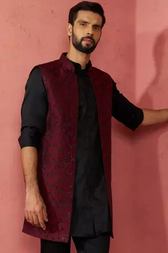 men's wine silky abstract embroidered nehru jacket - wedding ethnic wear